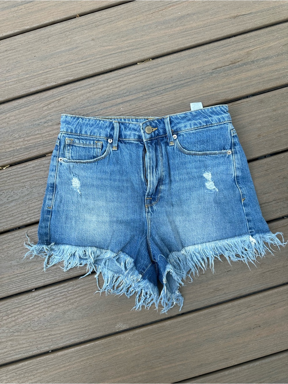 Good American Distressed Frayed Hem Denim Shorts - Blue